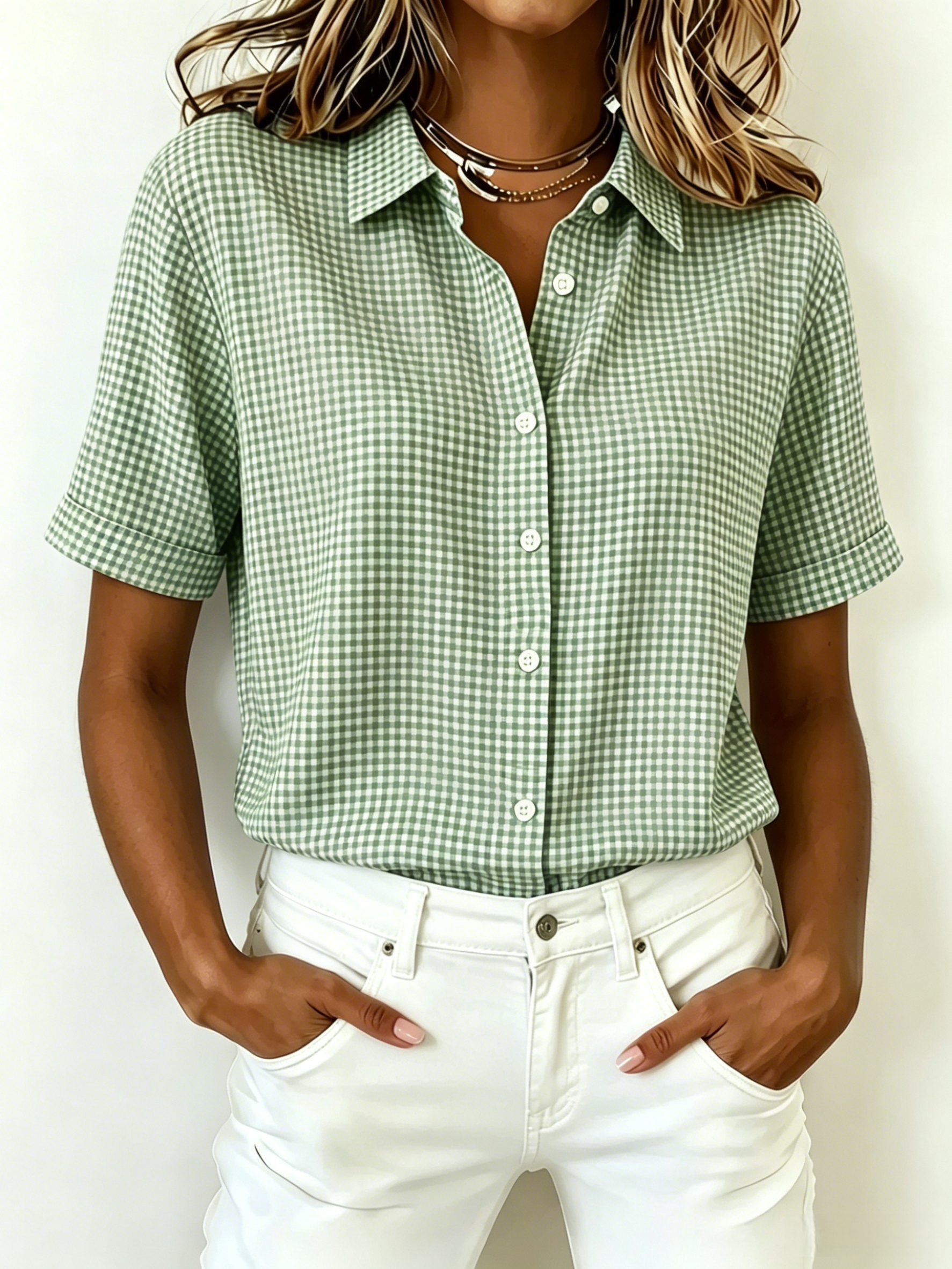 New Arrival🔥 Women's Casual Gingham Short Sleeve Button Down Shirt