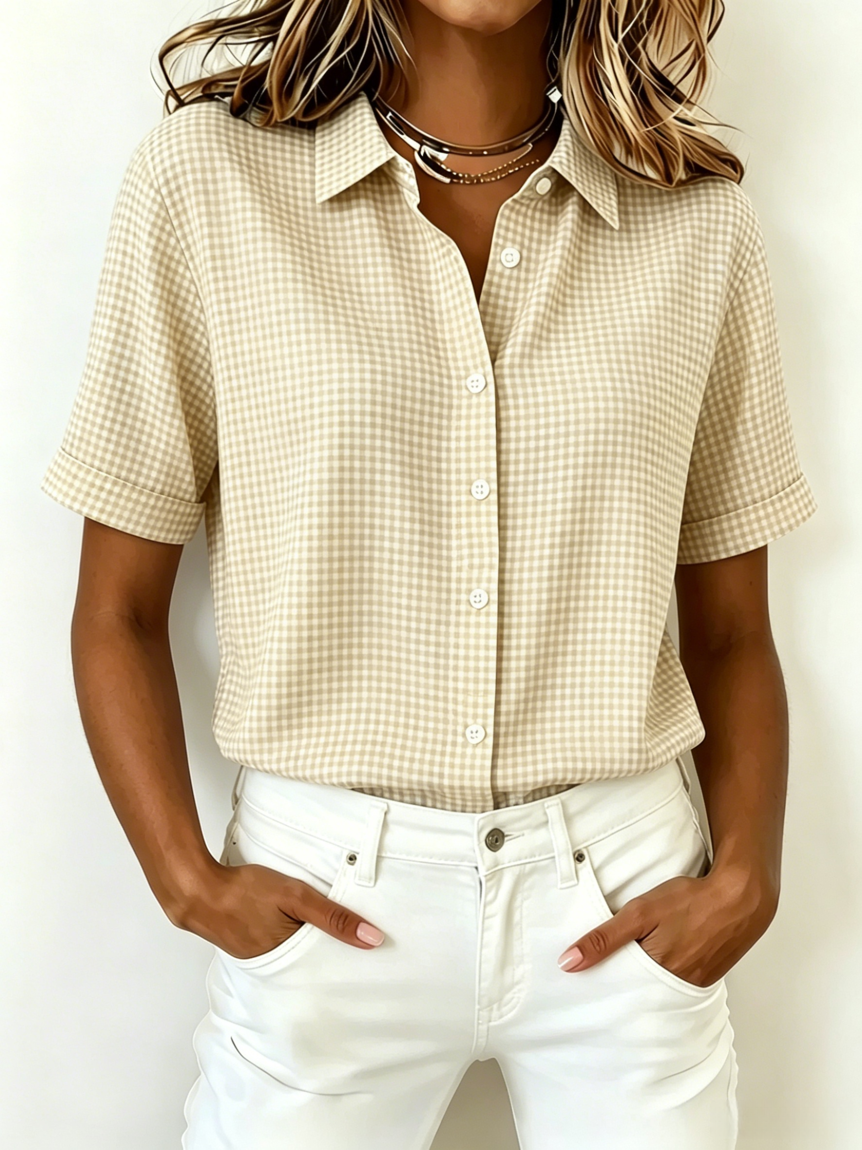 New Arrival🔥 Women's Casual Gingham Short Sleeve Button Down Shirt