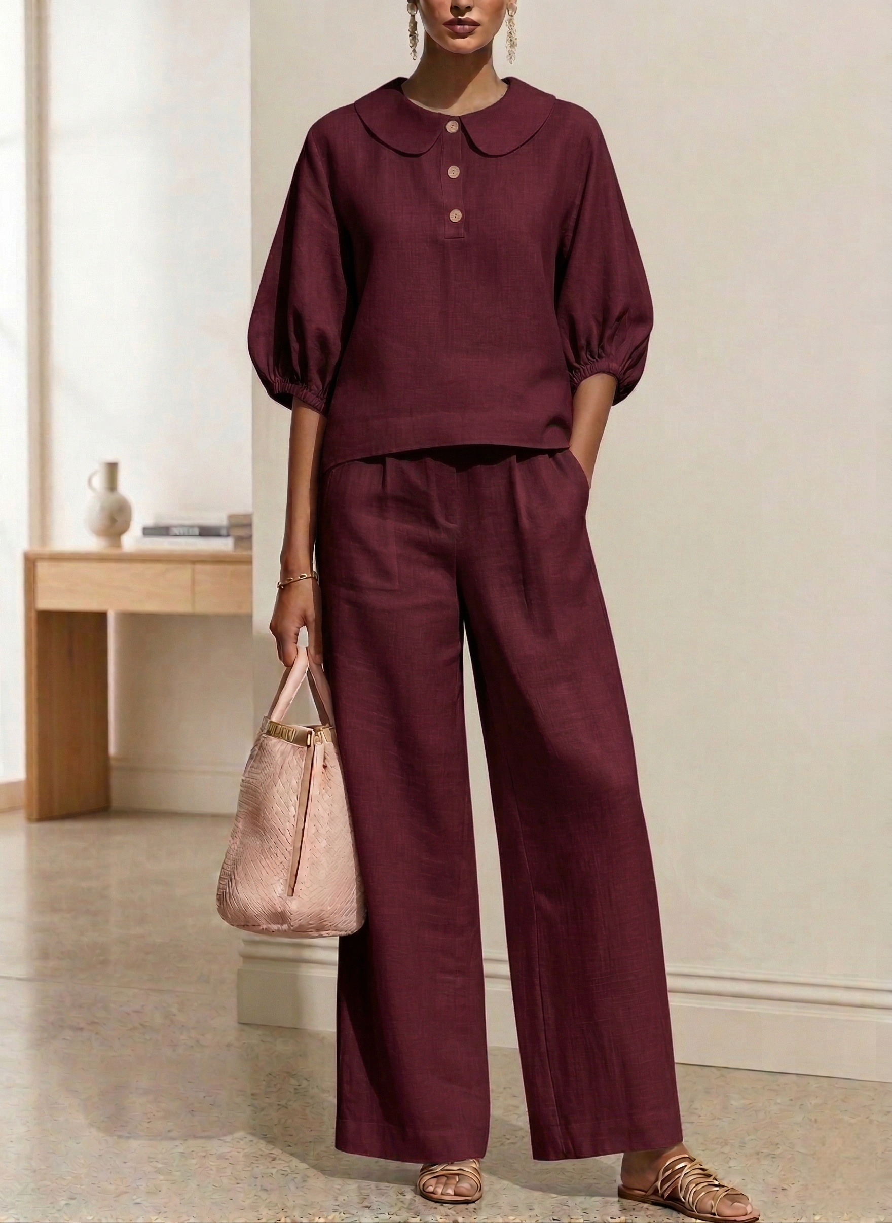 New Arrivals🔥Women's Elegant Cotton Linen Peter Pan Collar Two-Piece Set