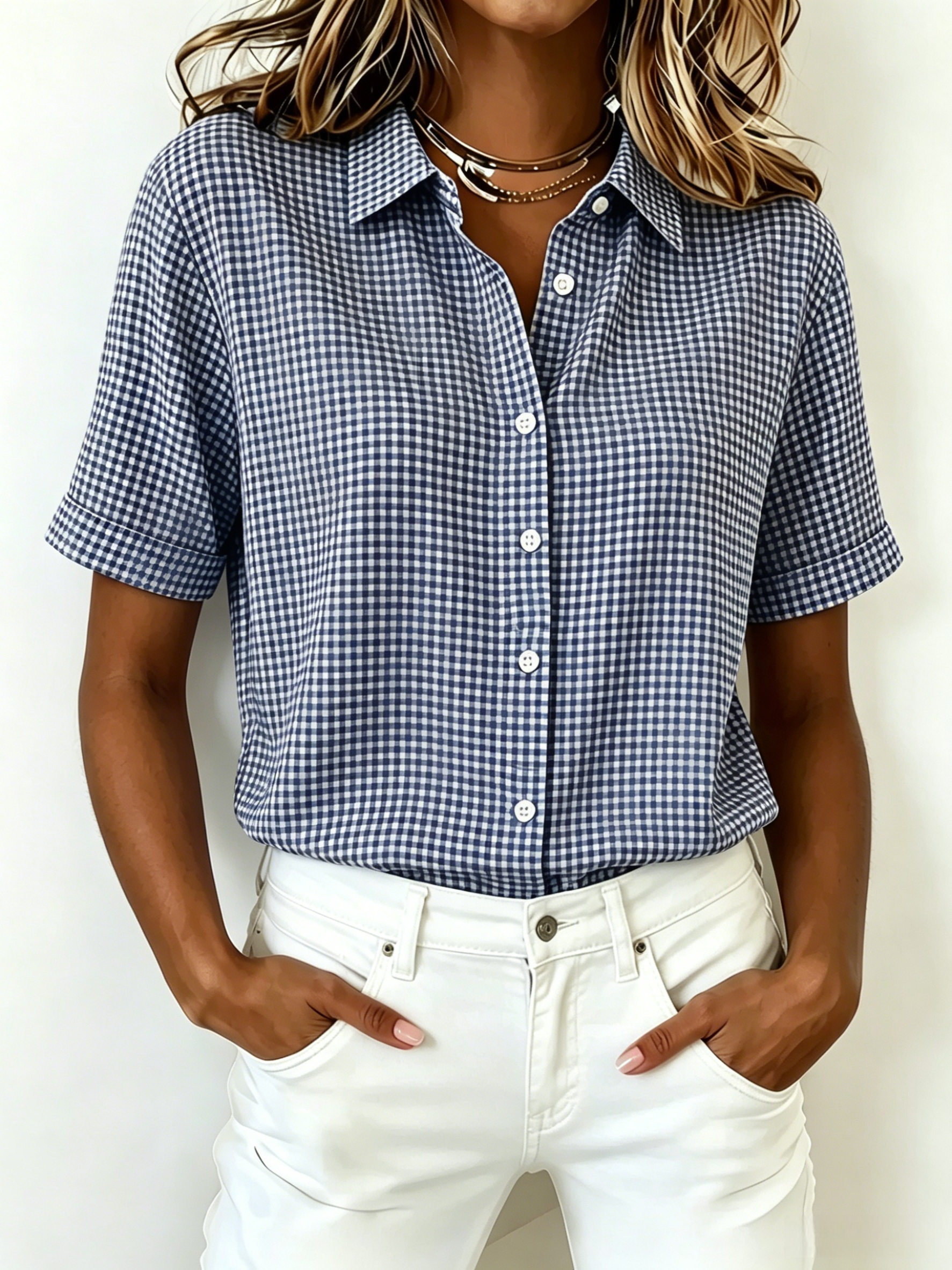 New Arrival🔥 Women's Casual Gingham Short Sleeve Button Down Shirt