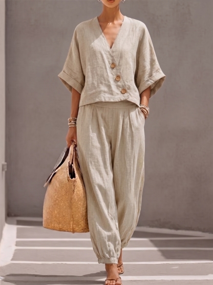 New Arrivals🔥Women's Casual Linen And Cotton Button-up Top And Trousers Two-piece Set