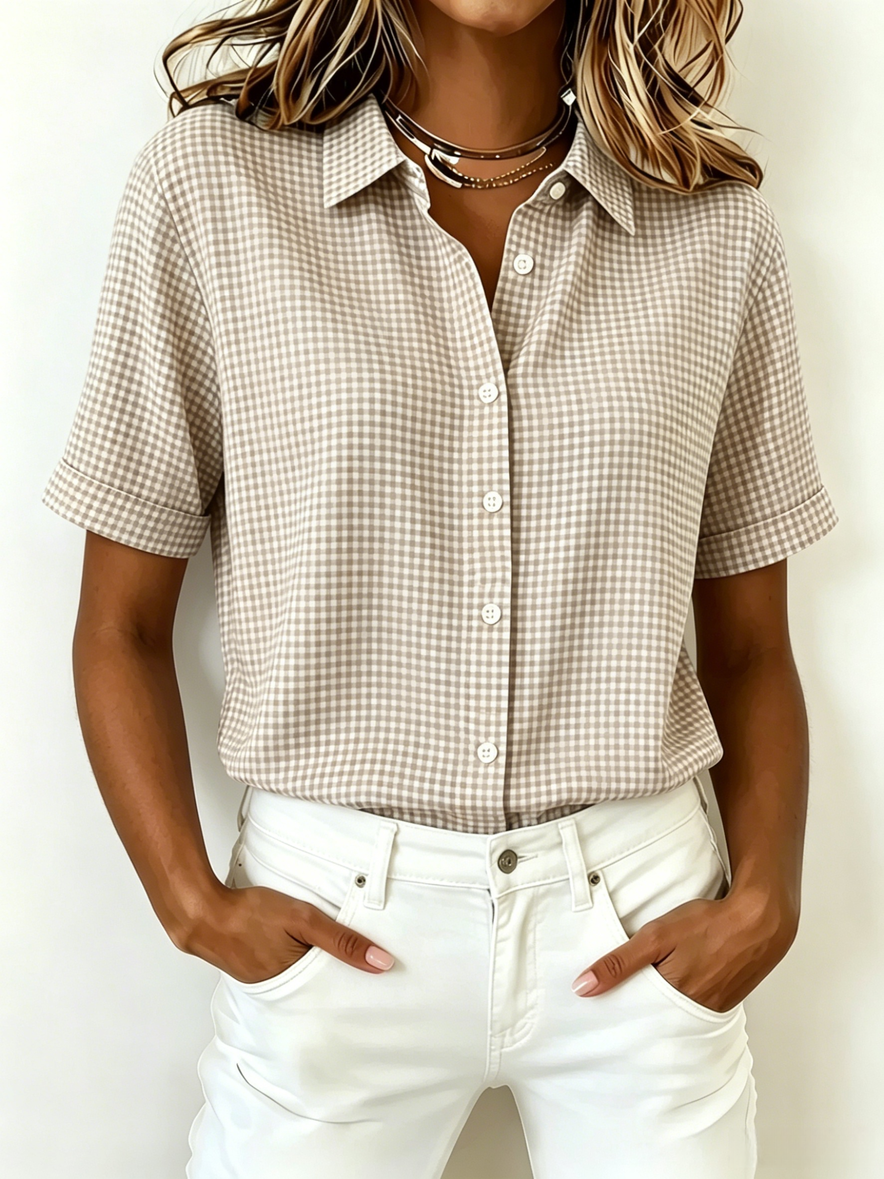 New Arrival🔥 Women's Casual Gingham Short Sleeve Button Down Shirt