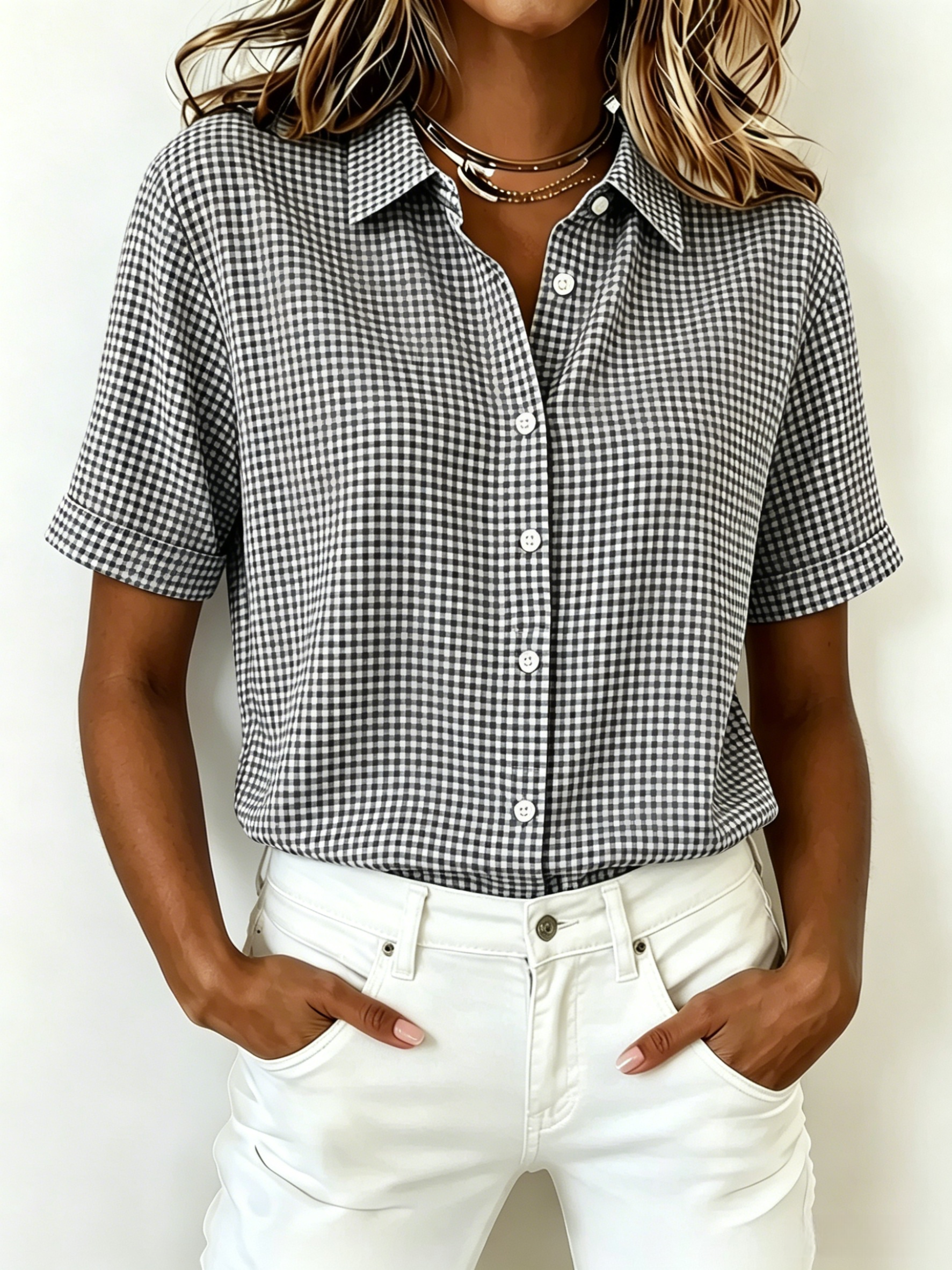 New Arrival🔥 Women's Casual Gingham Short Sleeve Button Down Shirt