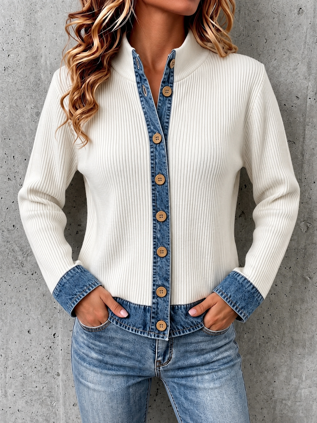 Denim-paneled Knit Cardigan