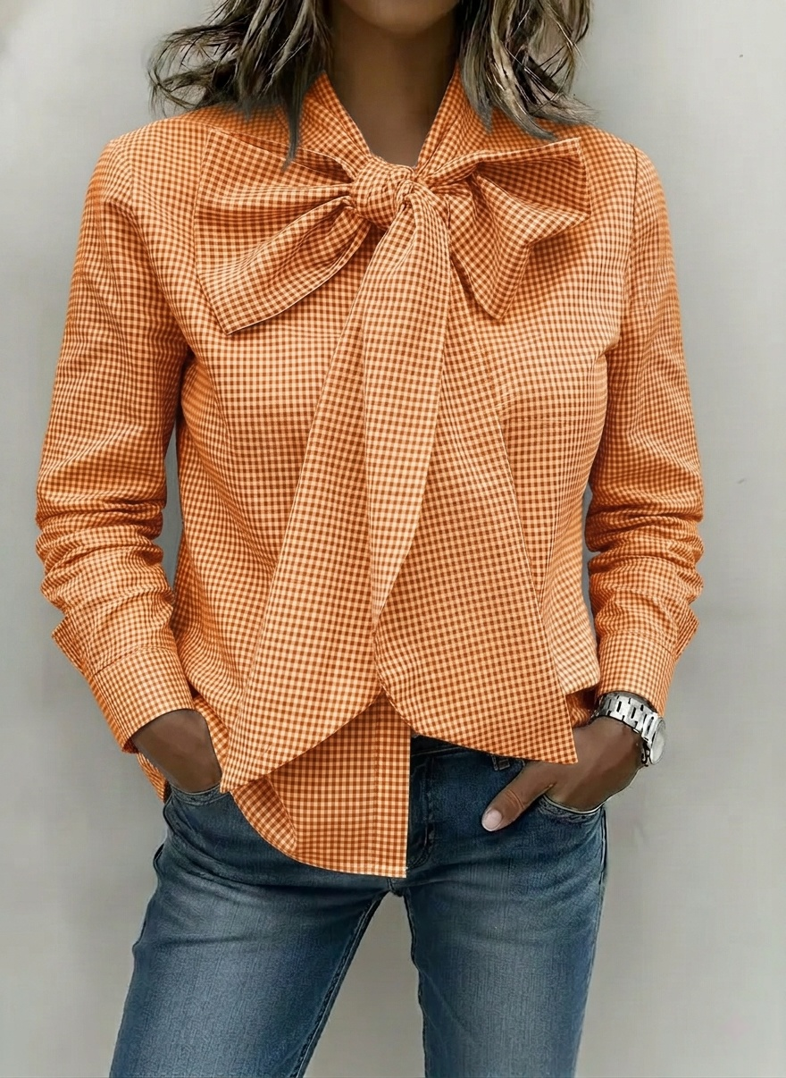New Arrivals🔥Women's Elegant Soft Cotton Gingham Bow Blouse 
