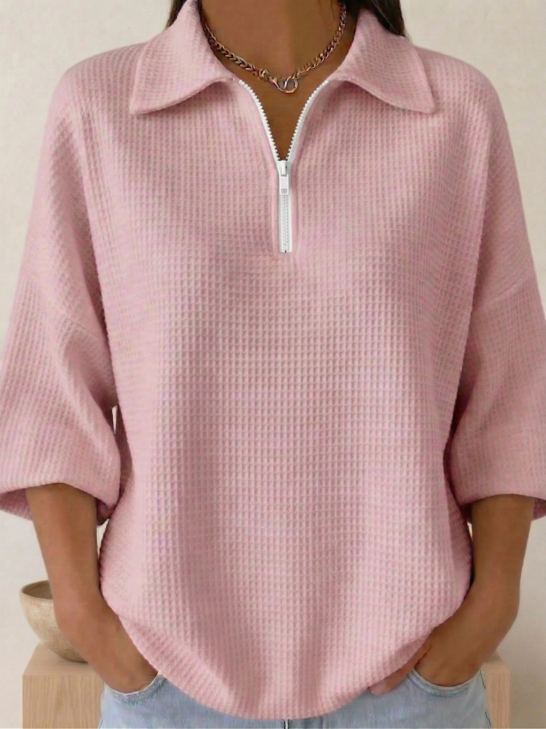 New Arrivals🔥 Women's Polo Zipper 4/3 Sleeves Waffle-knit T-shirt