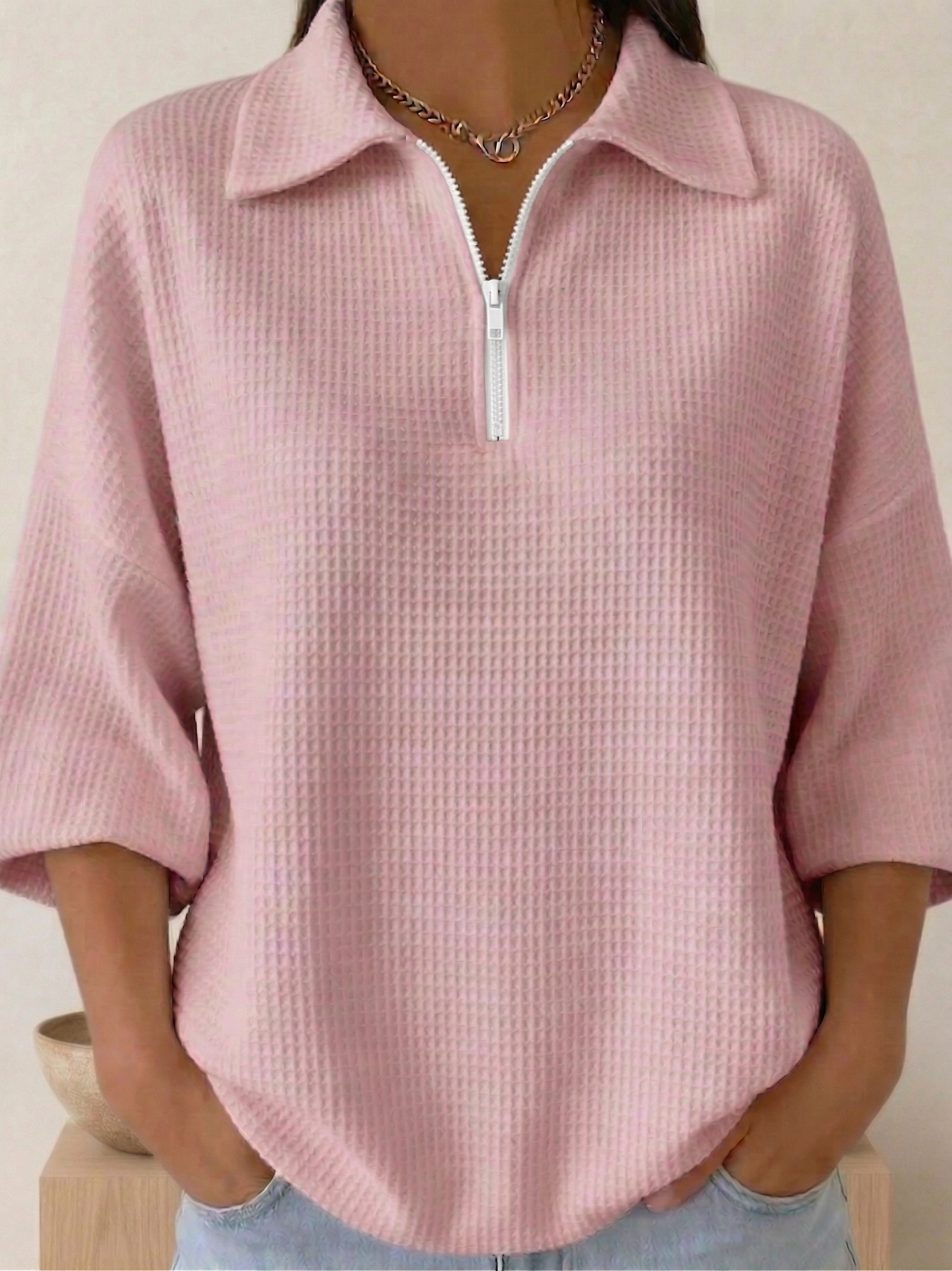 New Arrivals🔥 Women's Polo Zipper 4/3 Sleeves Waffle-knit T-shirt