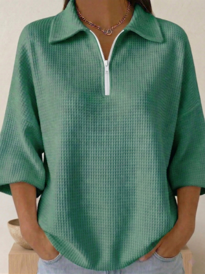 New Arrivals🔥 Women's Polo Zipper 4/3 Sleeves Waffle-knit T-shirt