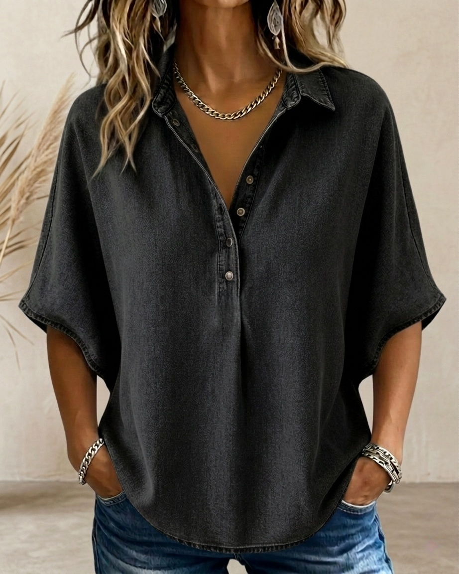 Women’s Denim Scoop-Neck Batwing Top