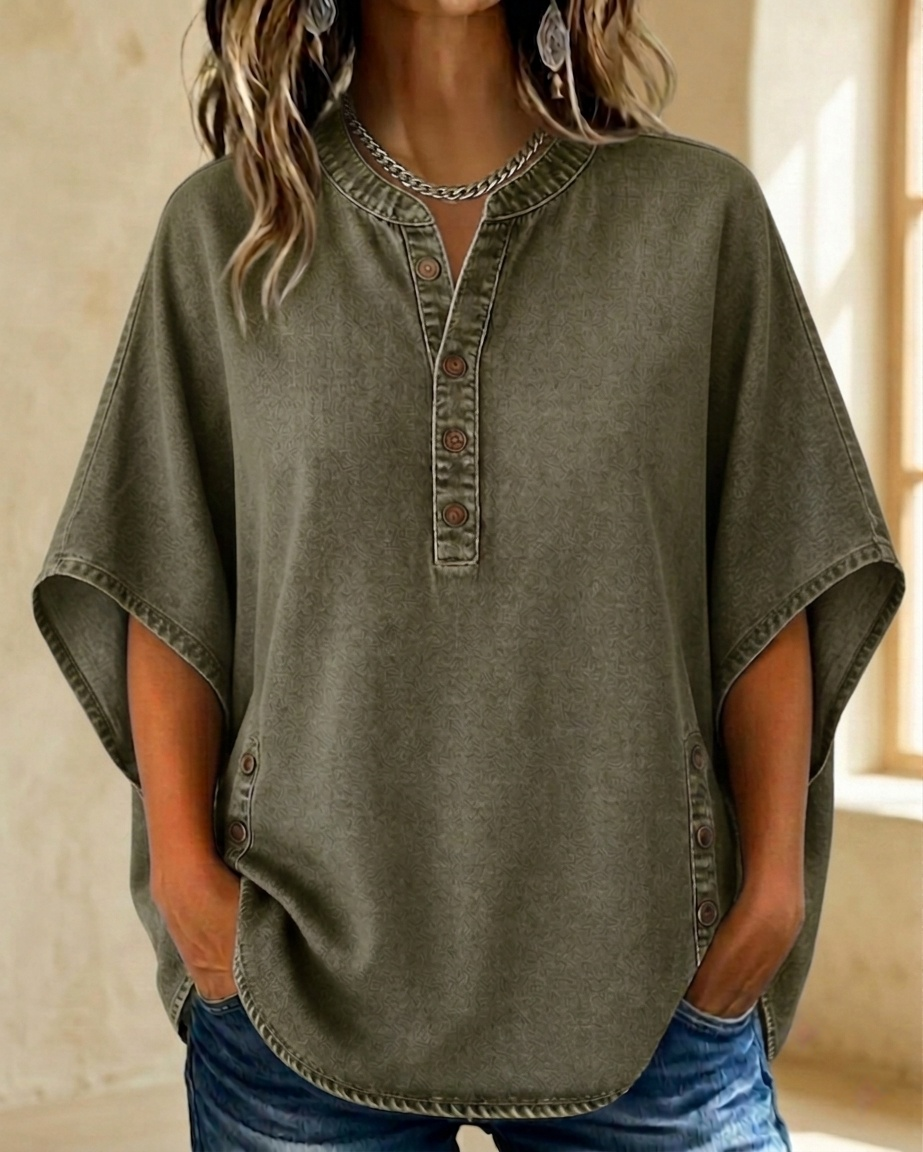 Flash Sale: 49% OFF🔥Women's V-neck Button-up Loose Denim Batwing Top