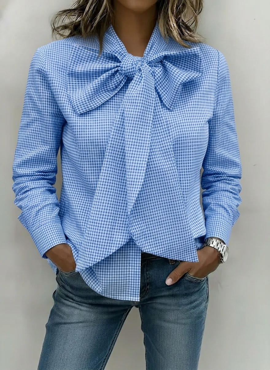 New Arrivals🔥Women's Elegant Soft Cotton Gingham Bow Blouse 
