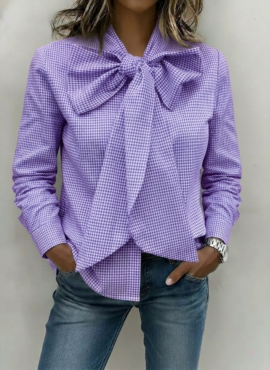 New Arrivals🔥Women's Elegant Soft Cotton Gingham Bow Blouse 