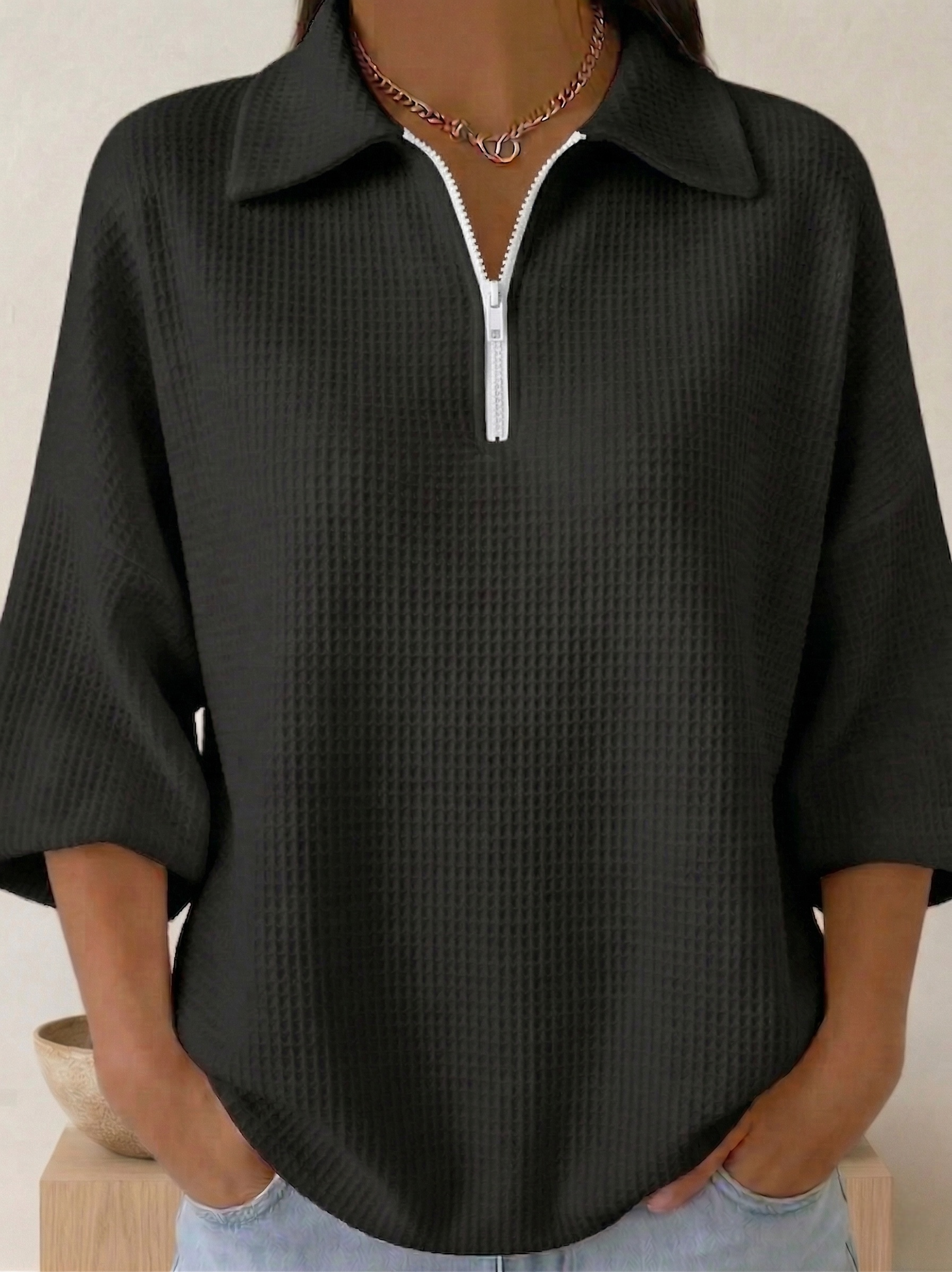 New Arrivals🔥 Women's Polo Zipper 4/3 Sleeves Waffle-knit T-shirt