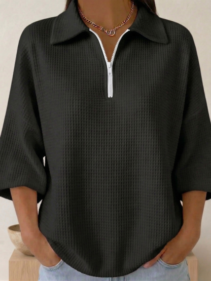 New Arrivals🔥 Women's Polo Zipper 4/3 Sleeves Waffle-knit T-shirt
