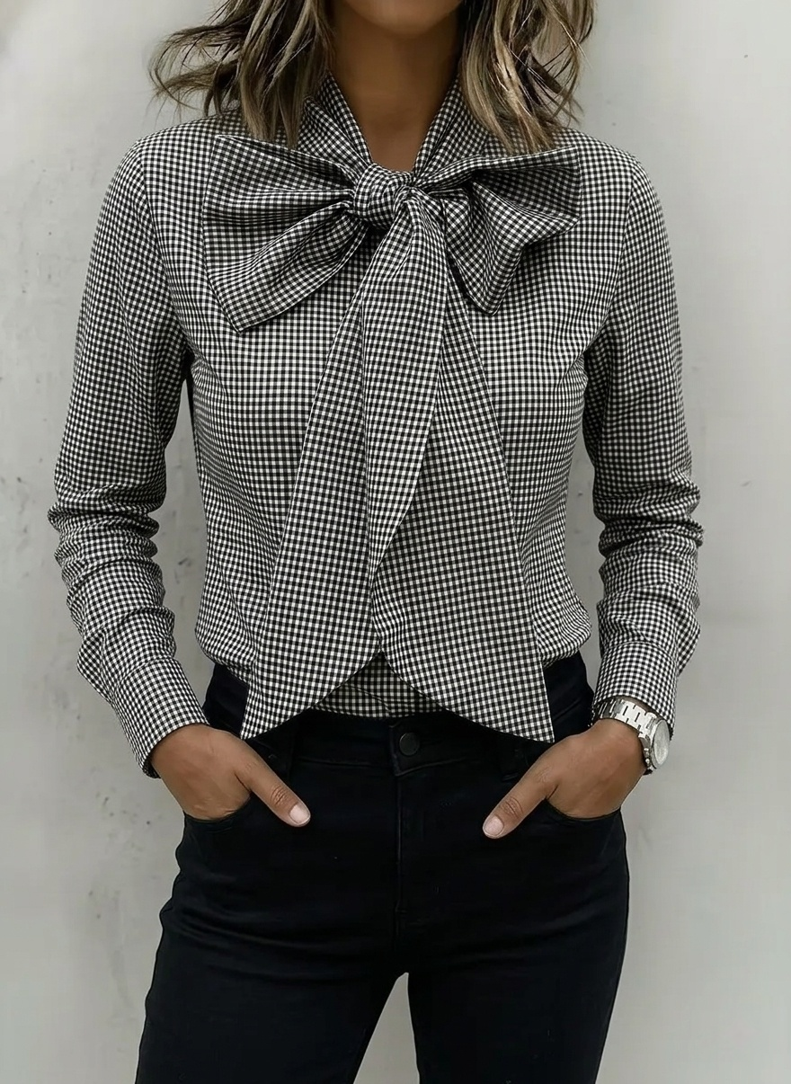 New Arrivals🔥Women's Elegant Soft Cotton Gingham Bow Blouse 