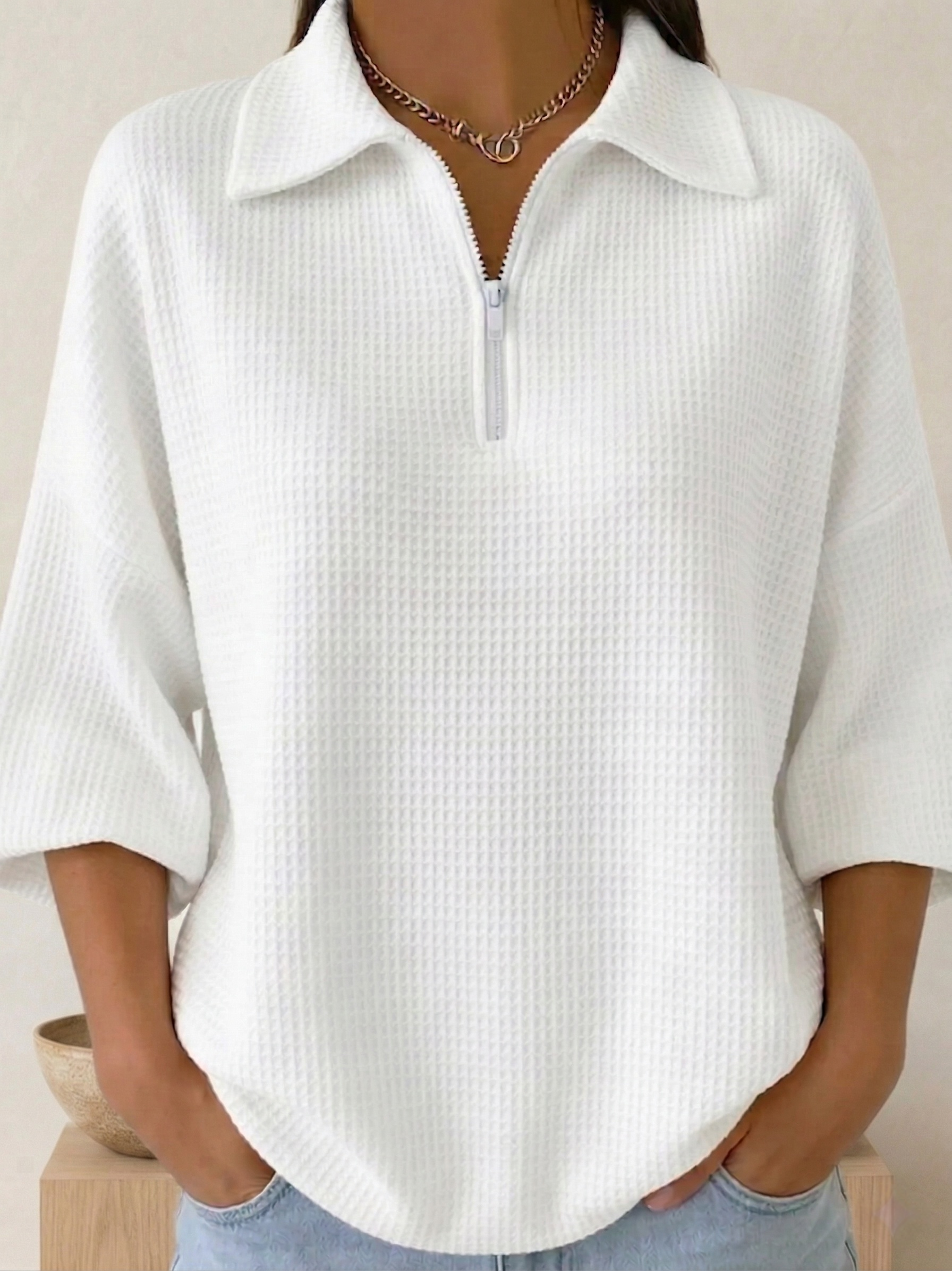 New Arrivals🔥 Women's Polo Zipper 4/3 Sleeves Waffle-knit T-shirt