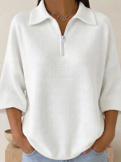 New Arrivals🔥 Women's Polo Zipper 4/3 Sleeves Waffle-knit T-shirt