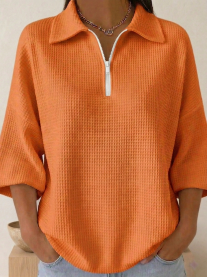 New Arrivals🔥 Women's Polo Zipper 4/3 Sleeves Waffle-knit T-shirt