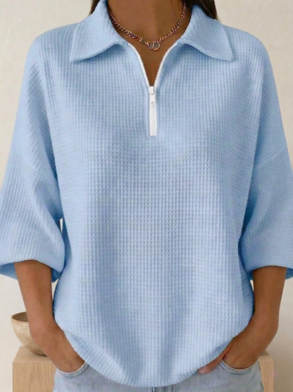 New Arrivals🔥 Women's Polo Zipper 4/3 Sleeves Waffle-knit T-shirt