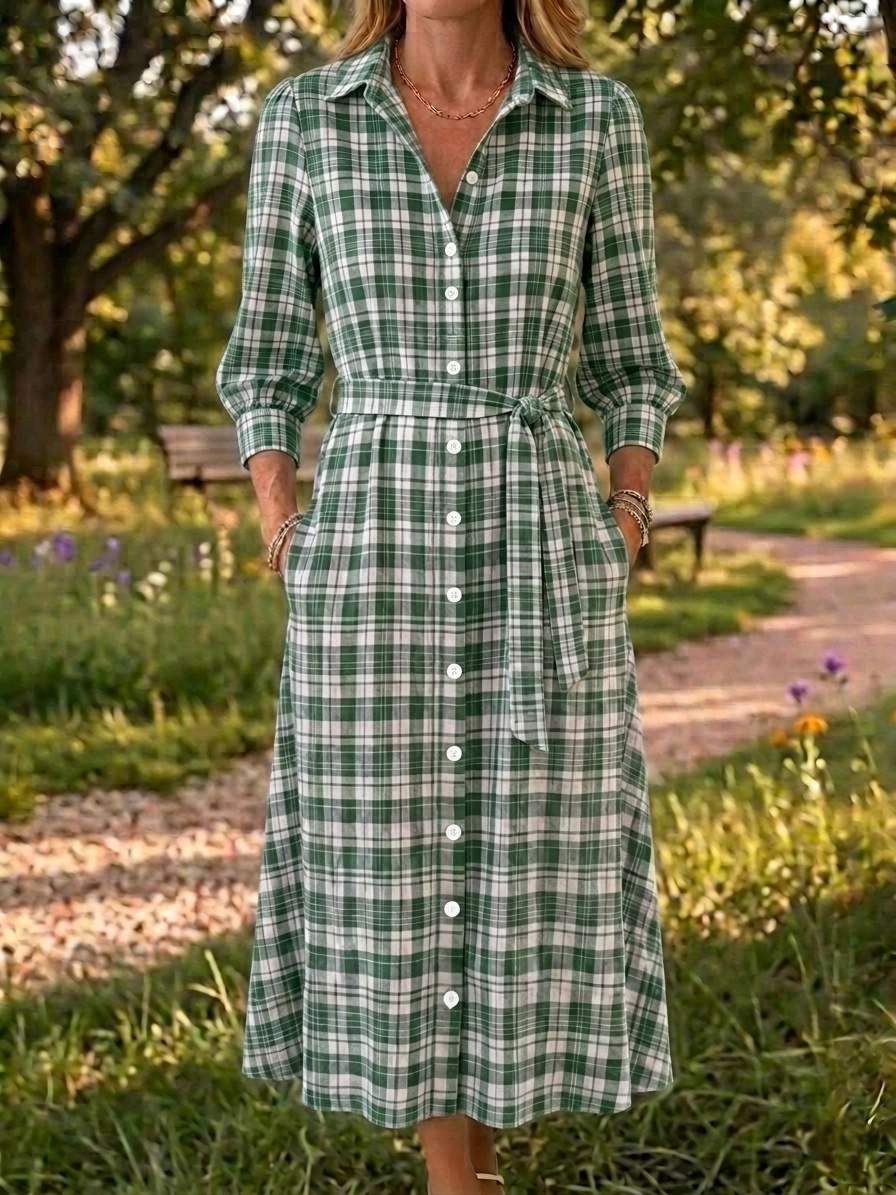 New Arrivals🔥 Women's Retro Open Front Collar Stripe Print Cotton Linen Dress