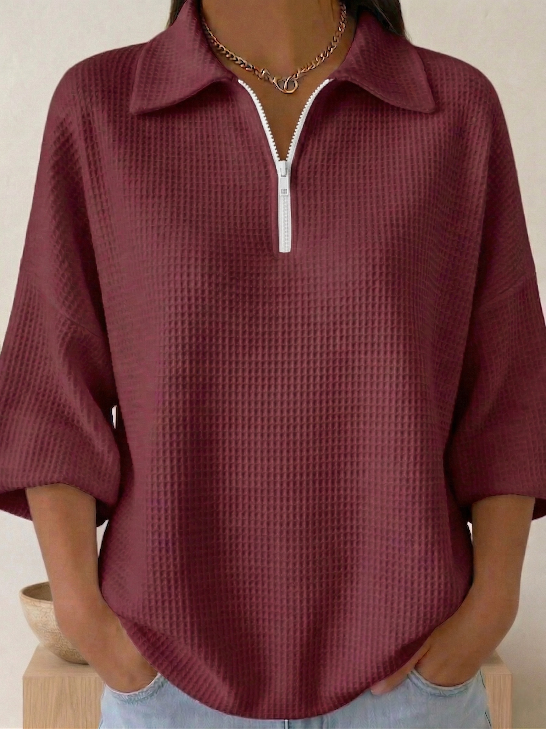 New Arrivals🔥 Women's Polo Zipper 4/3 Sleeves Waffle-knit T-shirt