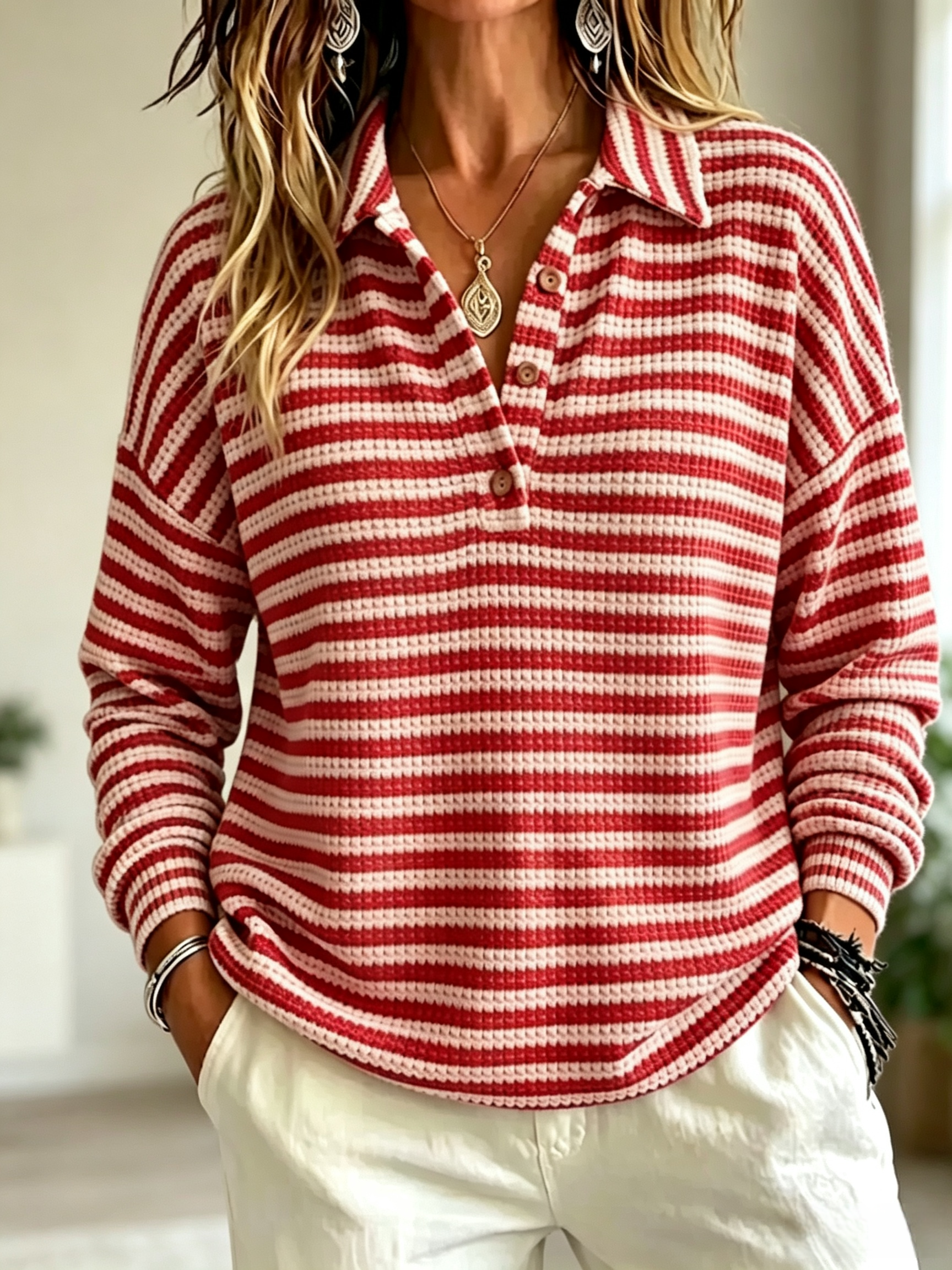 New Arrival 🔥Women'S Fashion Striped Waffle Long-Sleeved Polo Shirt