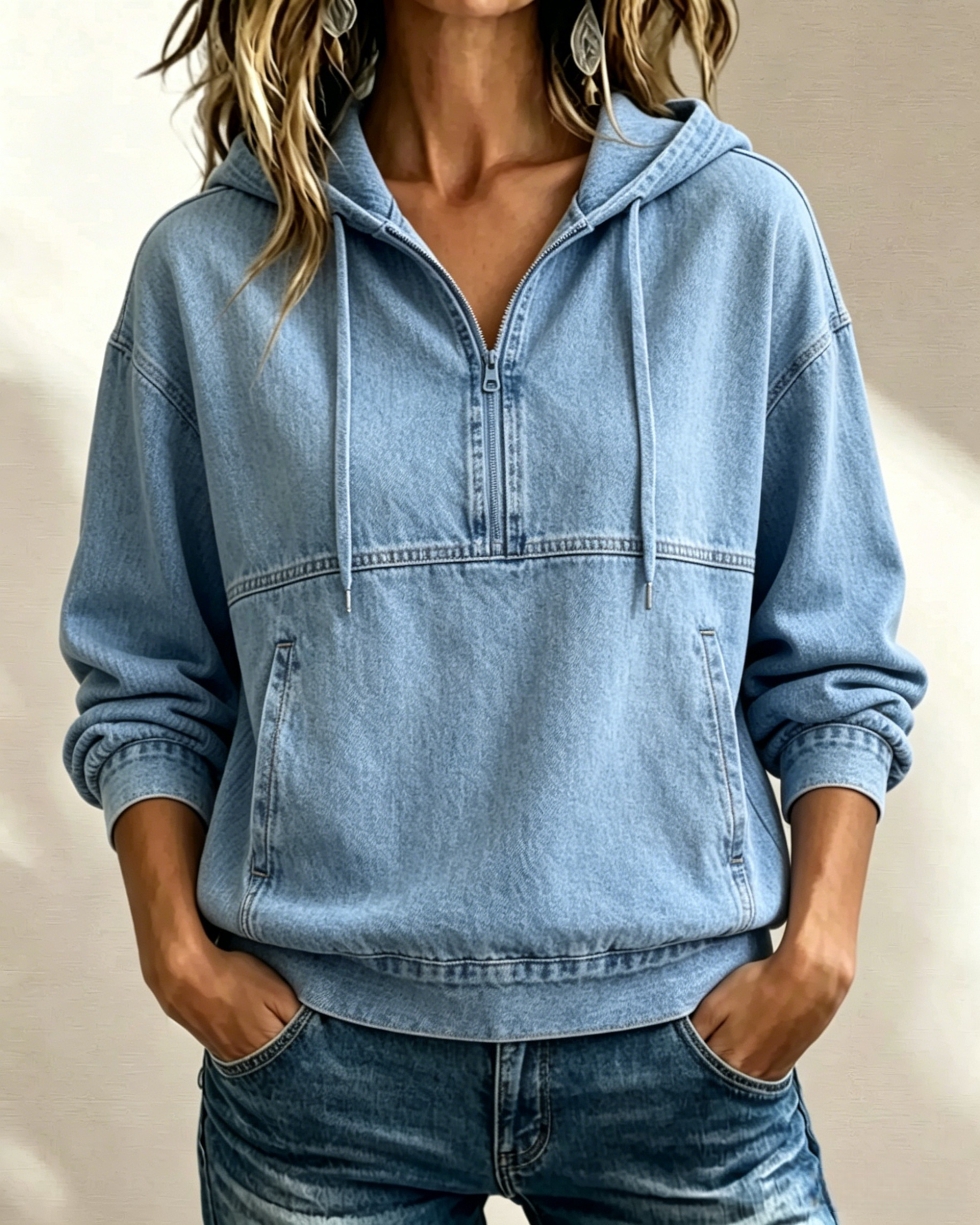NEW 🔥 Women's Oversized Denim Drawstring Sweatshirt