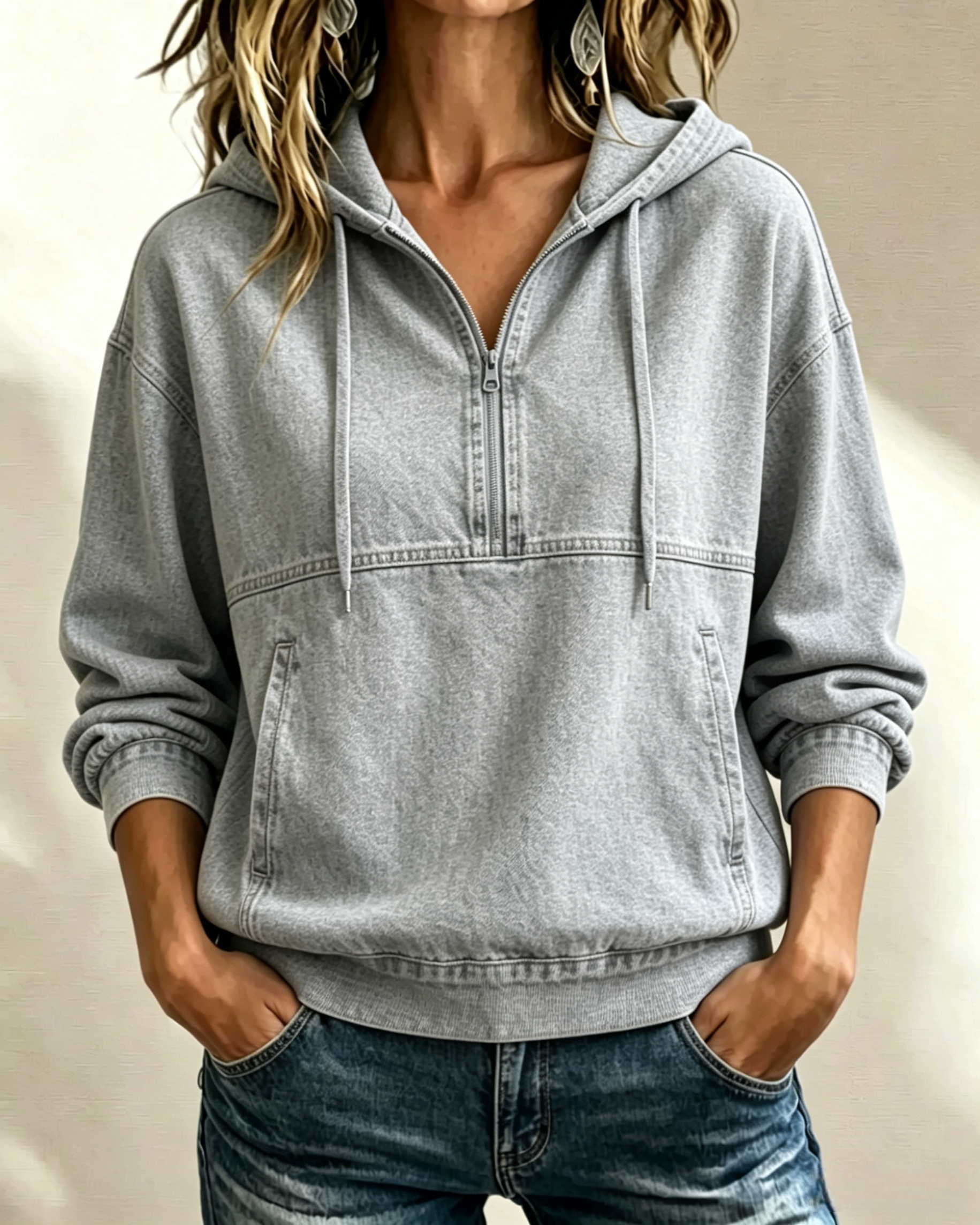 NEW 🔥 Women's Oversized Denim Drawstring Sweatshirt