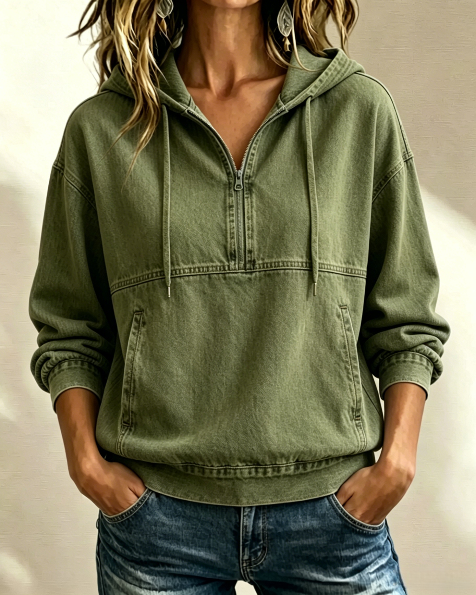 NEW 🔥 Women's Oversized Denim Drawstring Sweatshirt