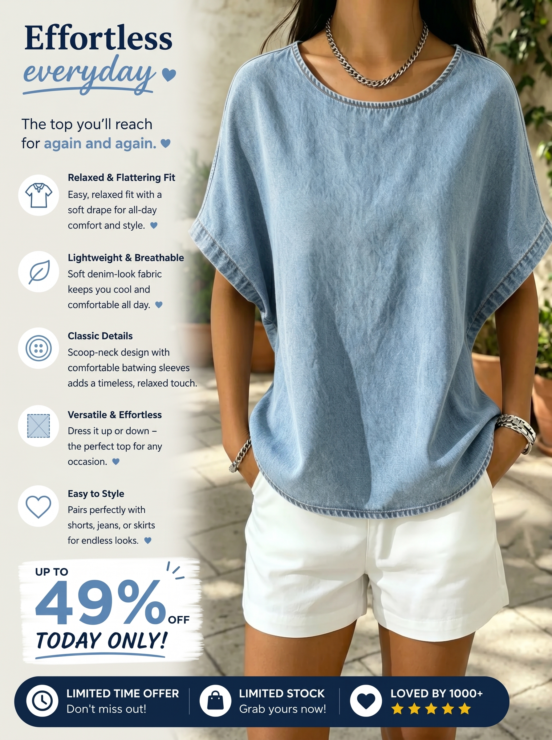 Today 49% off🔥Women’s Denim Scoop-Neck Batwing Top
