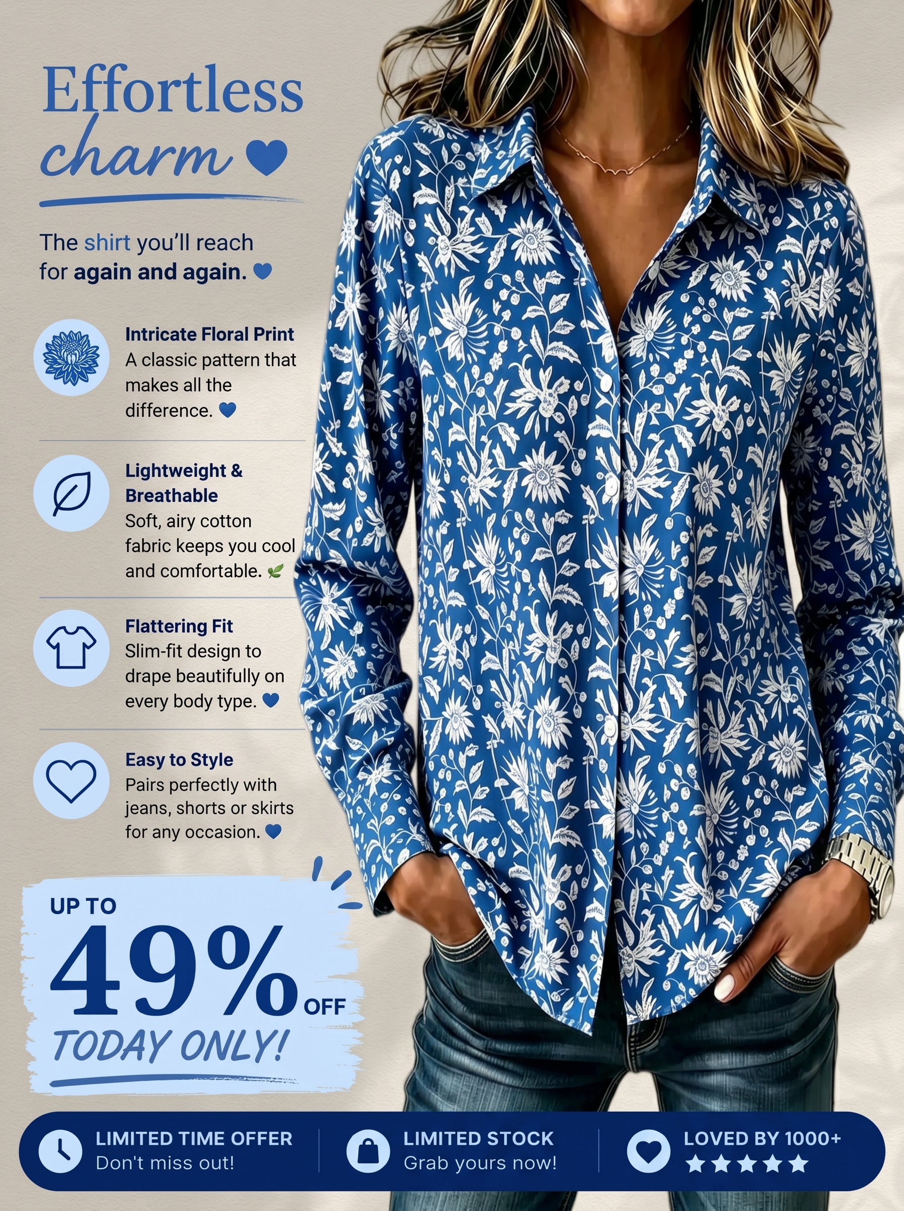 Women’s Slim-Fit Cotton Floral V-Neck Long-Sleeve Shirt