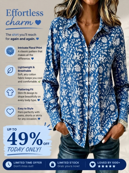 Women’s Slim-Fit Cotton Floral V-Neck Long-Sleeve Shirt