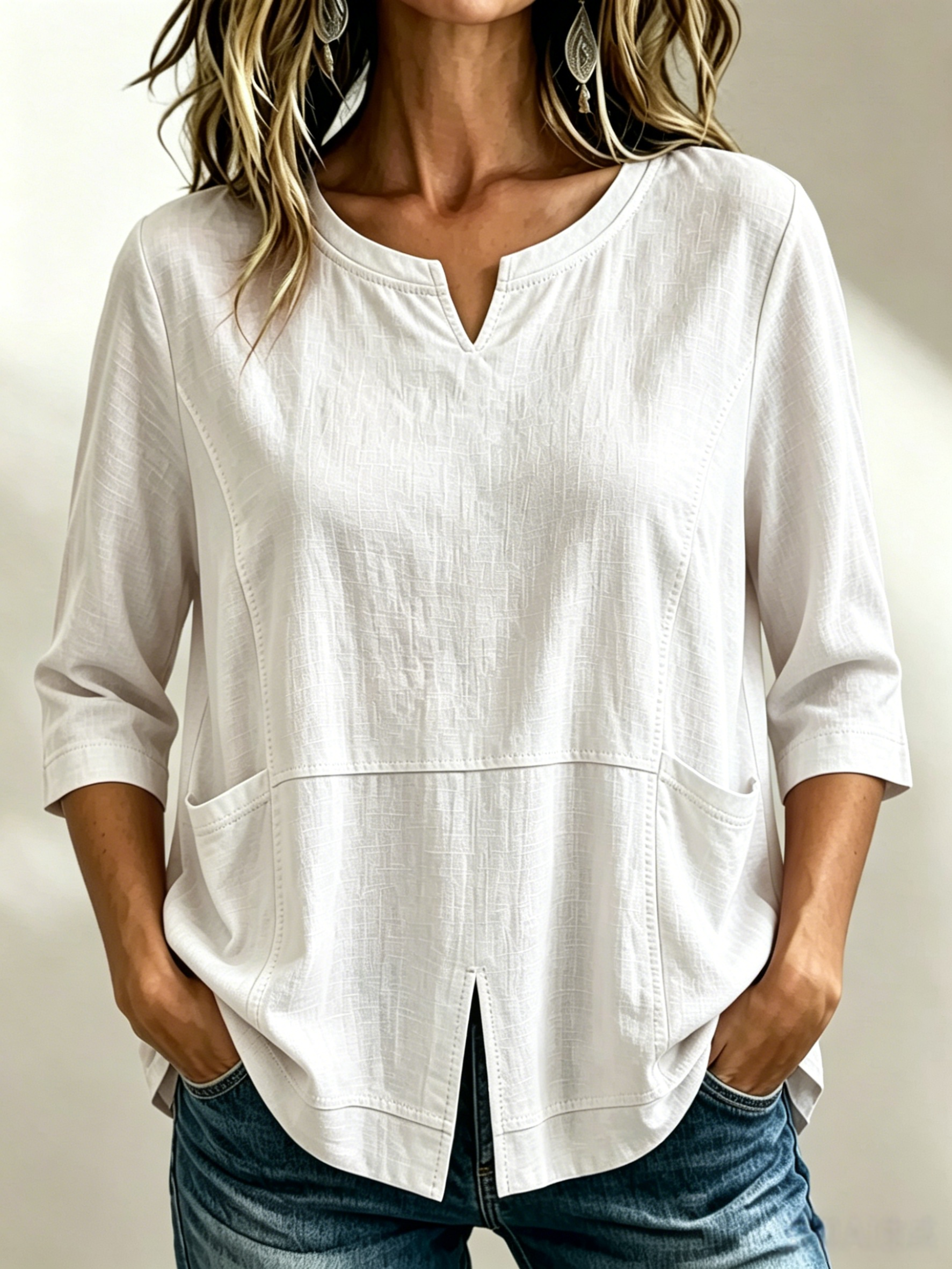 🔥CLEARANCE SALE🔥Women's Textured Cotton-Linen V-Neck Top