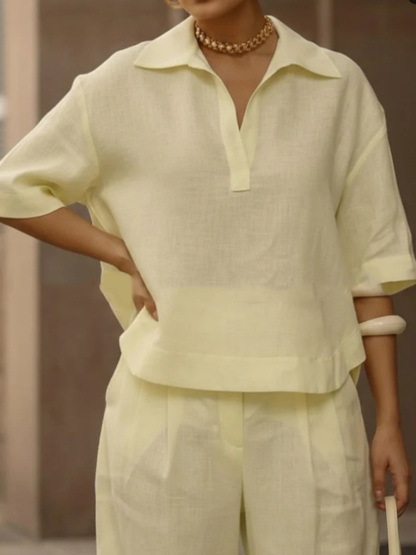 🎁New Arrivals🔥Solid Color Cotton And Linen Half Sleeves Lapel Blouses High Waisted Pants Two Pieces Set