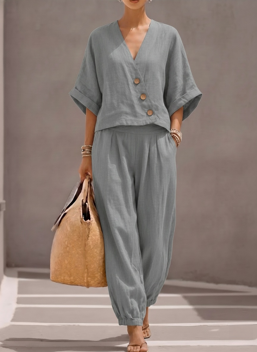 New Arrivals🔥Women's Casual Linen And Cotton Button-up Top And Trousers Two-piece Set