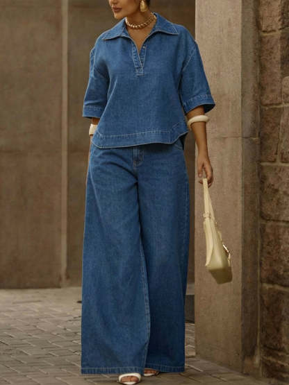 💝💝Women's Casual 100% Cotton Denim Top And Wide-leg Pants Two-piece Set