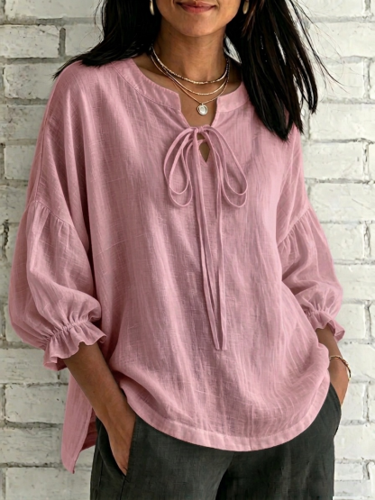 New Arrival 🔥Women's Lace-up V-neck Puff Sleeve Cotton-linen Shirt