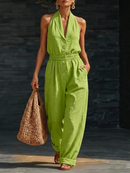 New Arrivals🔥Elegant Cozy V-neck Button-up Loose Linen Jumpsuit