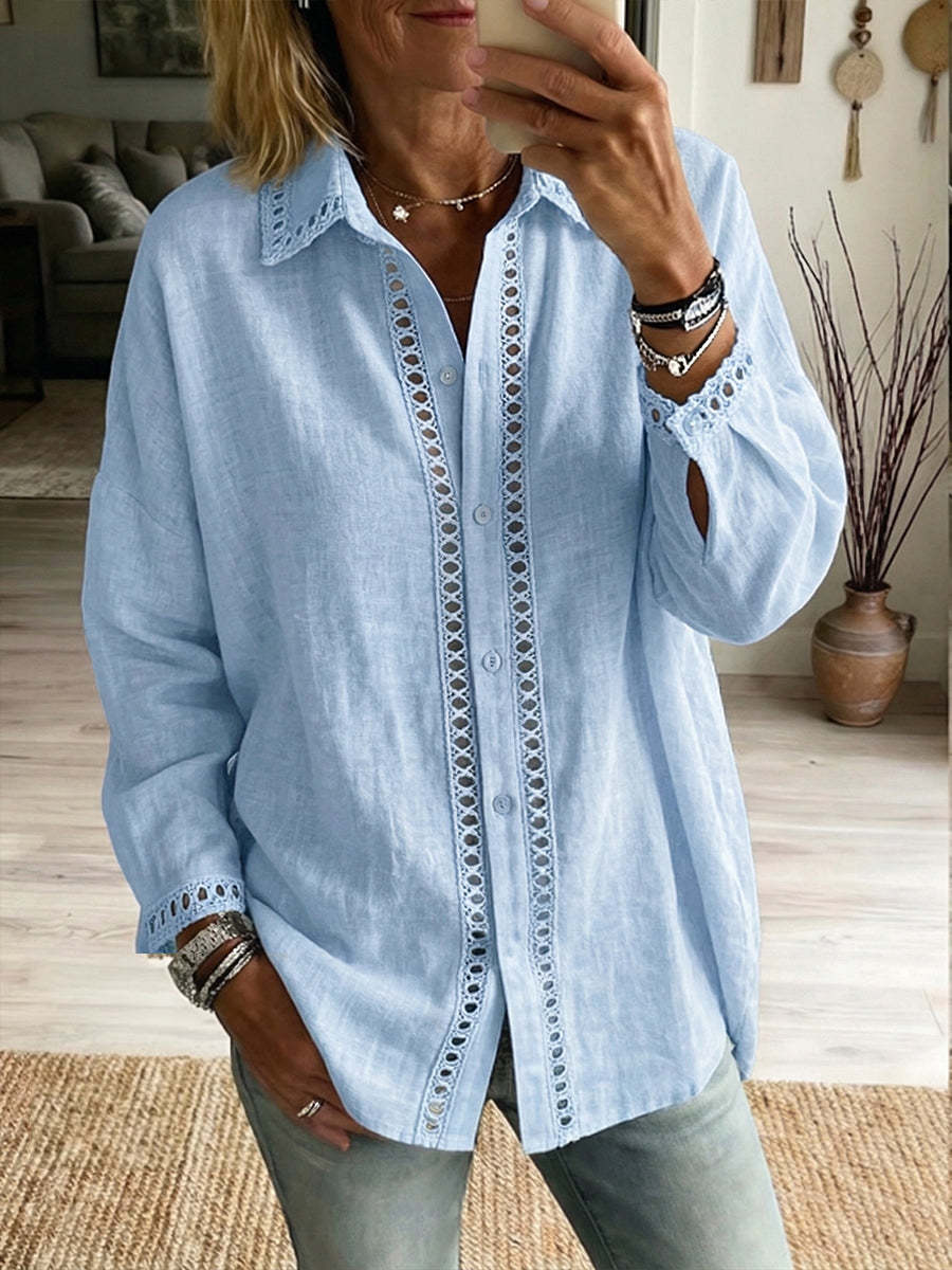 NEW🔥Women's Casual Long-sleeve Linen-cotton Shirt With Spliced cutout Webbing