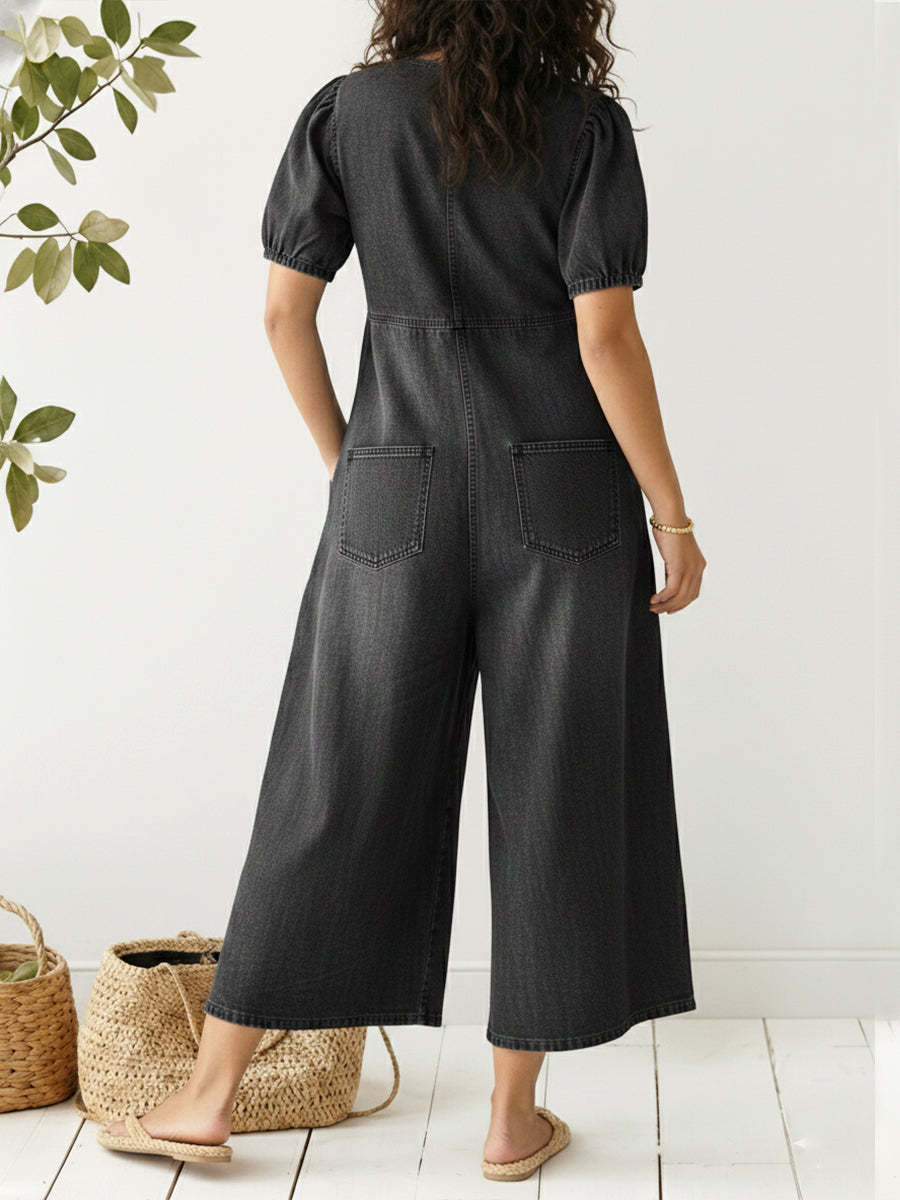 Women's Casual Loose Short-sleeved V-neck Denim Jumpsuit