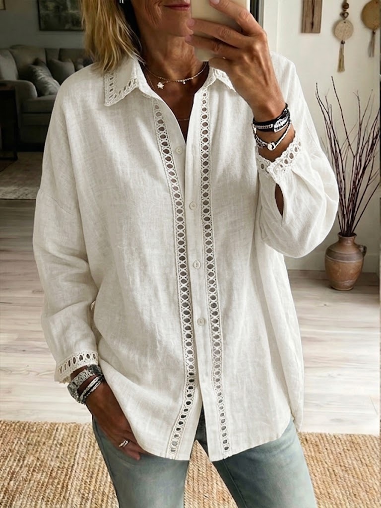 NEW🔥Women's Casual Long-sleeve Linen-cotton Shirt With Spliced cutout Webbing