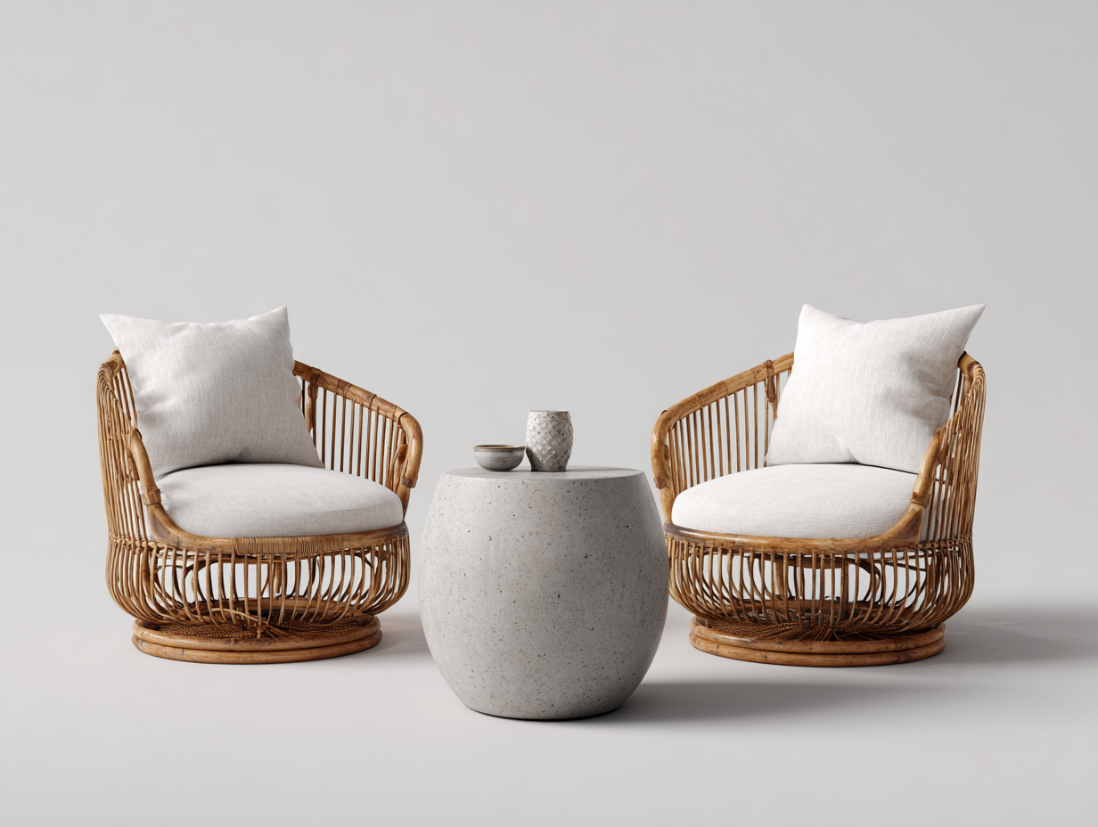Set salotto da terrazza - rattan-cemento - 148x74x76 cm - Naturale-Beige - design contemporaneo-Ralavaabode