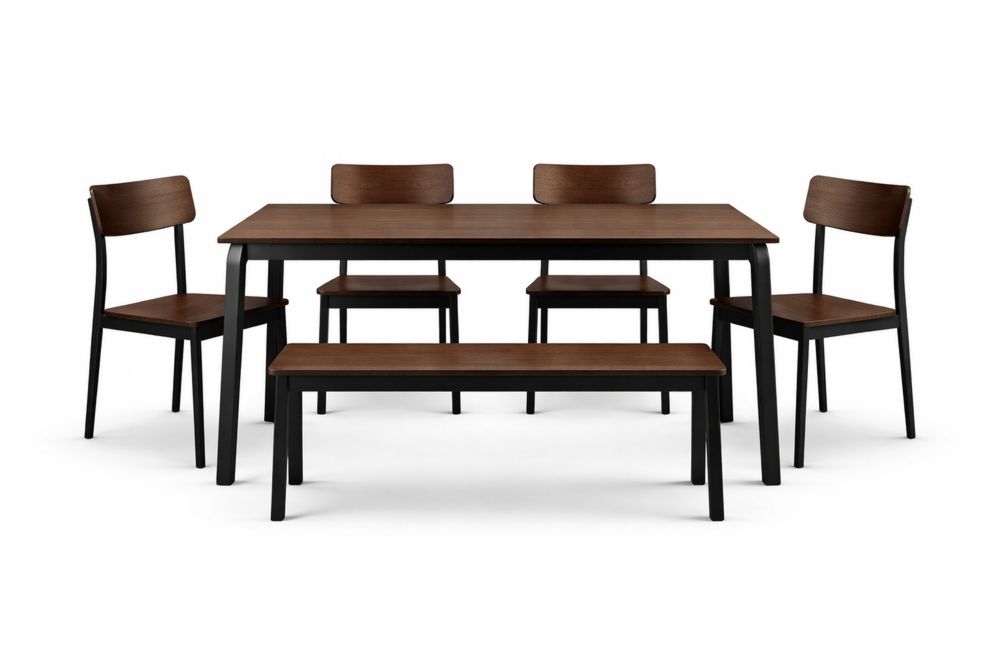 Wood Dining Table Set with 4 Chairs and Bench MDF Steel Brown