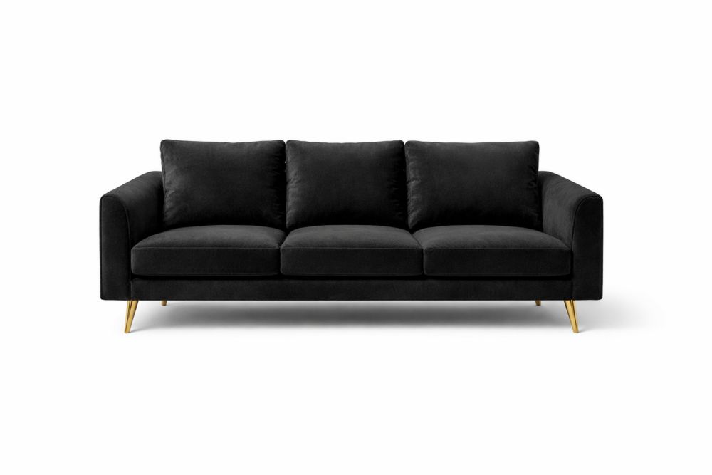 Black Velvet Upholstered Sofa with Gold Legs