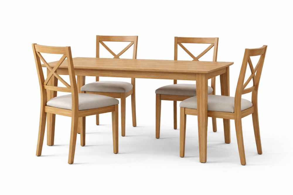 Solid Oak Wood Dining Table Set with Cushioned Chairs