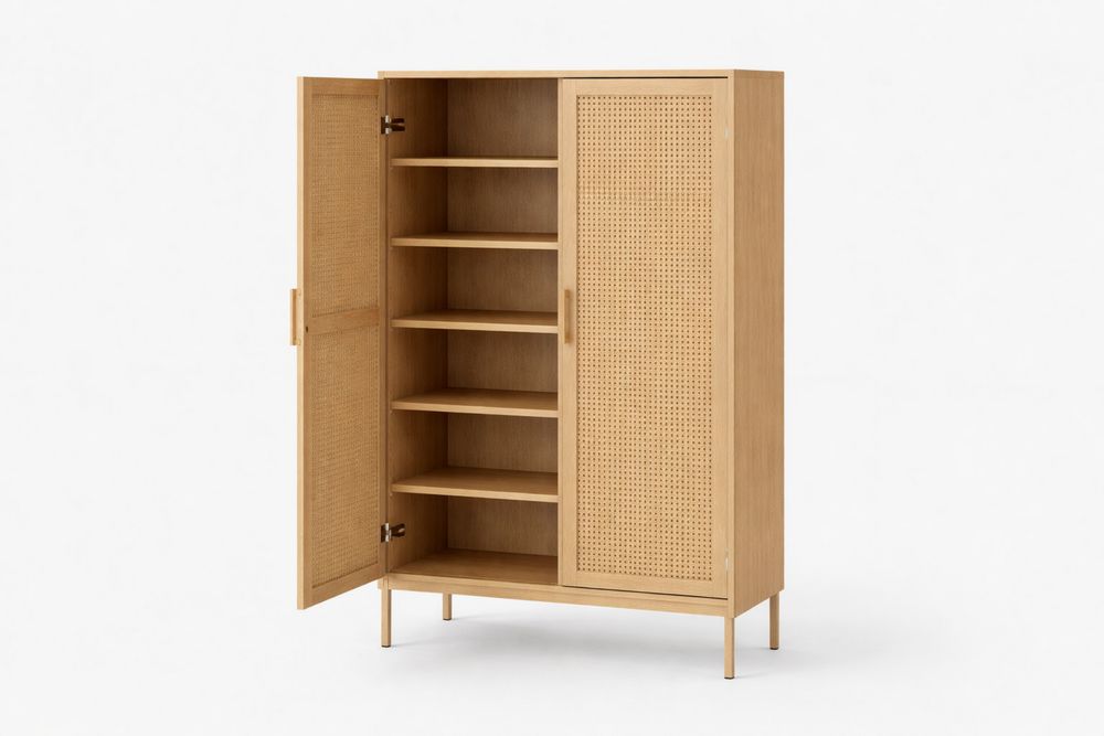Oak Wood Cabinet with Rattan Doors and Shelves