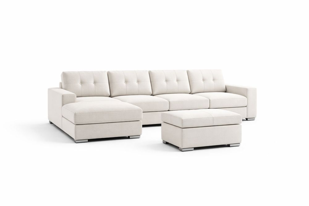 White Polyester Sectional Sofa Set with Ottoman L-Shaped