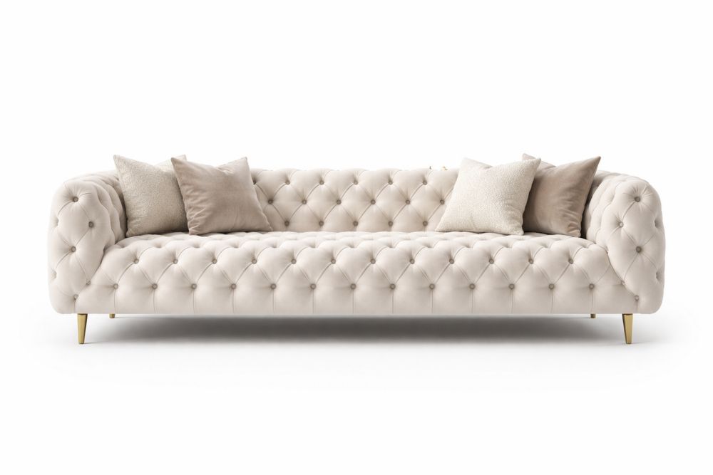 Beige Velvet Tufted Sofa with Light Brown Cushions