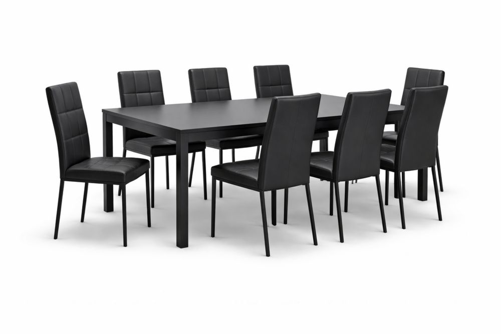 Dining Table Set with 8 Black Faux Leather Chairs and Steel Frame