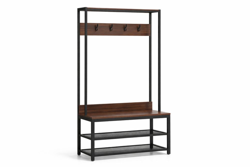 Coat Rack with Bench Engineered Wood Steel Frame 4 Hooks Shelves Brown